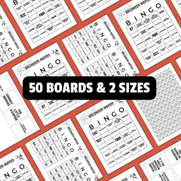 orange background with multiple images showing pieces of cover images, calling cards, letter size Halloween bingo, and letter size with 2 bingo cards on each letter size. Black set in the middle with 50 boards and 2 sizes.