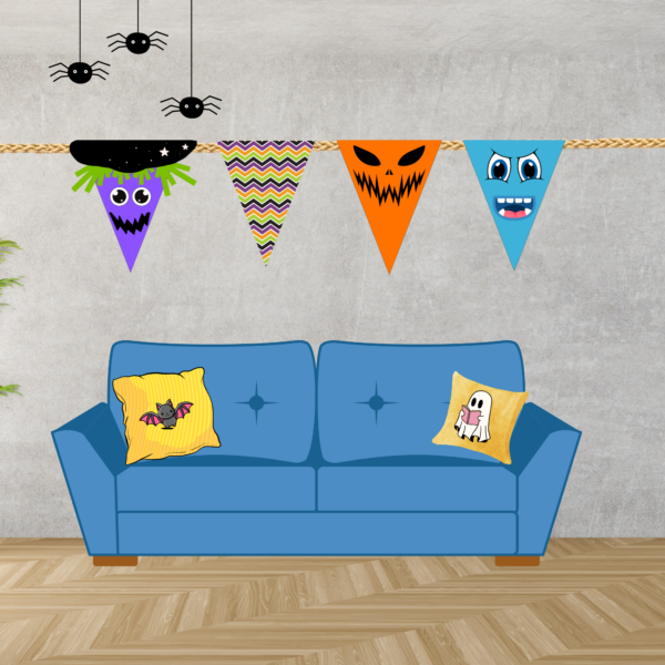 shows a living room with concrete wall, blue sofa with orange pillows, shows string with some of the flags on them including a witch, zig zag stripe, pumpkin, and monster