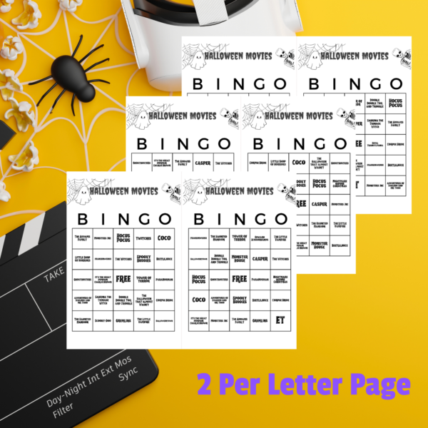 orange background with spider, popcorn, and clap board with showing pages of 2 per letter size all in black and white