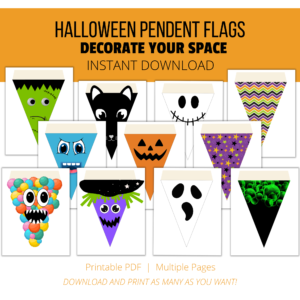 white background, orange stripe Halloween Pendent Flags, Decorate Your Space, Instant Download, Printable PDF, Multiple Pages, download and print as many as you want, shows Frankenstein, witch, spooky monsters, black cat, ghost