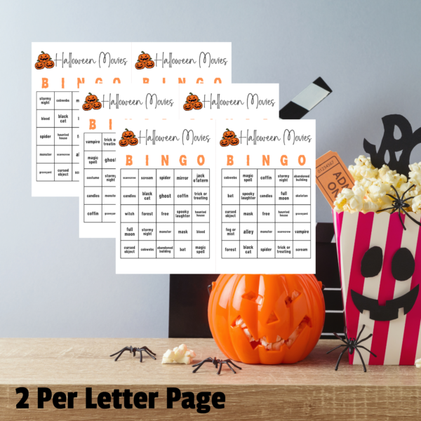 2 per letter page, shows background with ghost pumpkin, jack o lantern and shows 3 of the pages from the half page set with jack o lanterns at the top saying halloween movies, bingo in orange with words to cross off as they appear on the movie