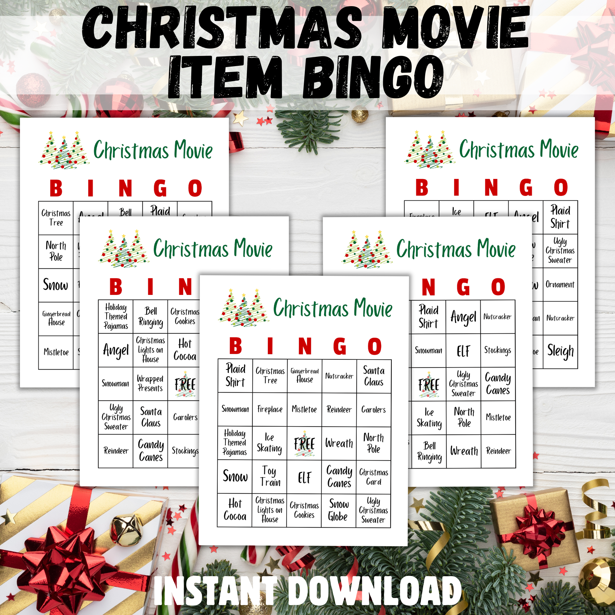 christmas presents and green background, says christmas movie time bingo at the top, instant download at the bottom, shows 5 letter size bingo christmas movie bingo with christmas tree on the top.