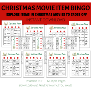 white background, red stripe Christmas Movie Item Bingo, Explore Items in xmas Movies to Cross Off, Instant Download, btm, Printable PDF, Multiple Pages, Download and Print as many as you want. Shows images of Christmas Movie Bingo with xmas trees