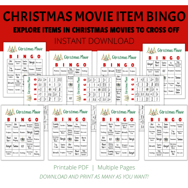 white background, red stripe Christmas Movie Item Bingo, Explore Items in xmas Movies to Cross Off, Instant Download, btm, Printable PDF, Multiple Pages, Download and Print as many as you want. Shows images of Christmas Movie Bingo with xmas trees