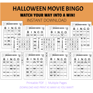 White background, orange stripe, Halloween Movie Bingo, Watch your way into a win!, Instant download, bottom printable pdf, multiple pages, download and print as many as you want. Shows images of black and white spider web, ghost, and skeleton