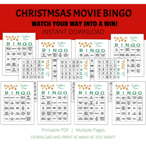 white background, red stripe Christmas Movie Bingo, Watch your way into a win. Instant Download. Btm printable PDF, multiple pages, download and print. shows images of letter size and 2 on page that says xmas movie with gingerbread cookies