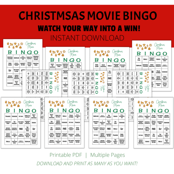 white background, red stripe Christmas Movie Bingo, Watch your way into a win. Instant Download. Btm printable PDF, multiple pages, download and print. shows images of letter size and 2 on page that says xmas movie with gingerbread cookies