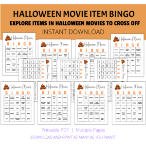 white background, orange stripe halloween movie item bingo, explore items in halloween movies to cross off, instant download, bottom printable pdf, multiple pages, download and print as many want. shows pictures of Halloween movie bingo with pumpkins