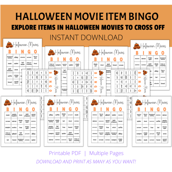 white background, orange stripe halloween movie item bingo, explore items in halloween movies to cross off, instant download, bottom printable pdf, multiple pages, download and print as many want. shows pictures of Halloween movie bingo with pumpkins