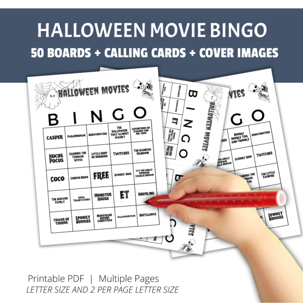 white background, blue stripe, halloween movie bingo, 50 boards, calling cards, cover images, printable pdf, multiple pages, letter size and 2 per page letter size, shows a little kid hand with red marker ready to cross off the squares as called