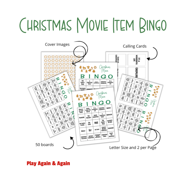 white background, christmas movie bingo, cover images of a wreath of gingerbread cookies, calling cards with movies like its a wonderful life, die hard, elf, dletter size and 2 per page showing each, 50 boards. play again and again.