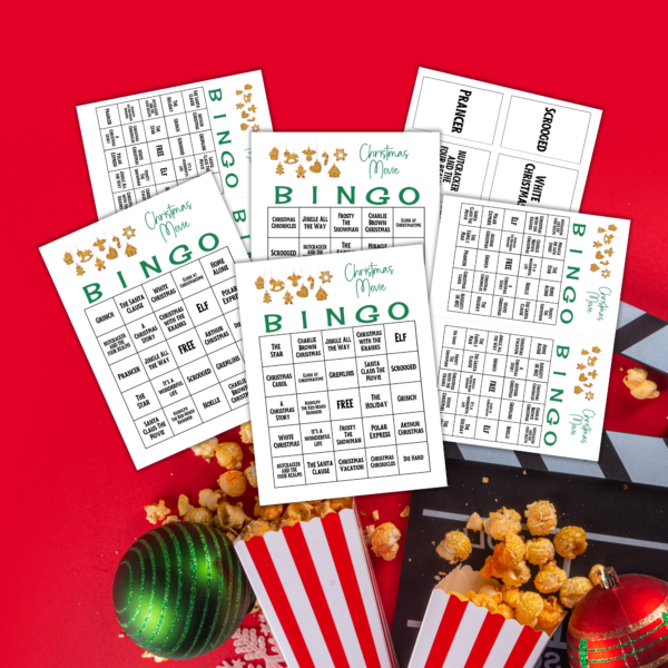 red background with movie clapper board, popcorn, and ornaments, shows pictures of christmas movie bingo with hanging gingerbread cookies