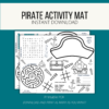 teal background, white stripe, Pirate Activity Mat, Instant Download, btm Printable PDF, Download and print as many as you want - shows images of placemat with word search, coloring, speaking like a pirate, word scramble, maze, tic-tac-toe too