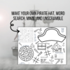 pirate ship in background, make your own pirate hat, word search, and unscramble with arrow pointing to the place mat with activities