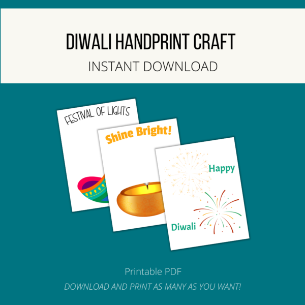 teal background, cream stripe Diwali Handprint Craft, Instant Download, Printable PDF,Download and Print. Shows 3 pages of handprint art diya or fireworks words of happy Diwali, Shine Bright, and Festival of Lights shown