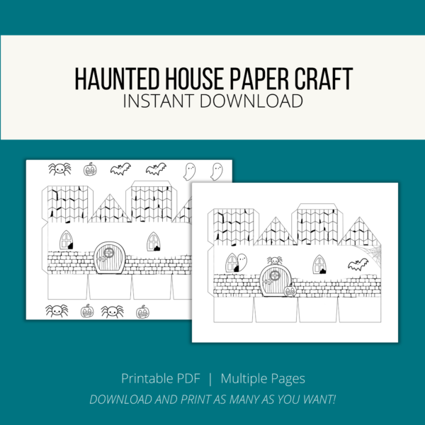 teal background, cream stripe, Haunted House Paper Craft, Instant Download, Printable PDF, Multiple Pages, Download and Print. Shows 2 images of pages with 3D Haunted House page with characters already on house and one with decorate yourself