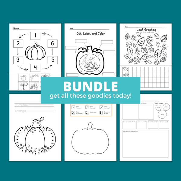 teal background, then box on images says BUNDLE get all these goodies today! Shows cut and paste pumpkin life cycle, cut label and color pumpkin parts, count leaf graphing, dot to dot pumpkin, jack o lantern dice rolling game, pumpkin science sheet.