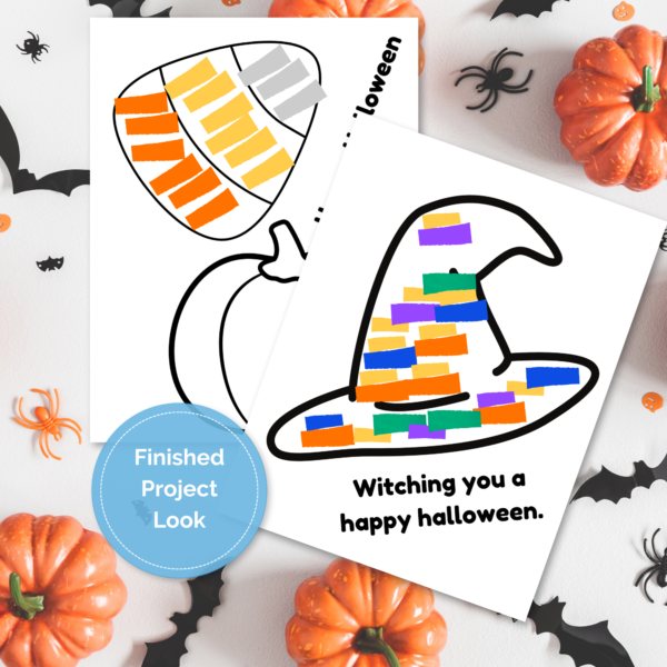 halloween table background, shows candy corn and witch hat with paper on them with a blue bubble that says finished project look