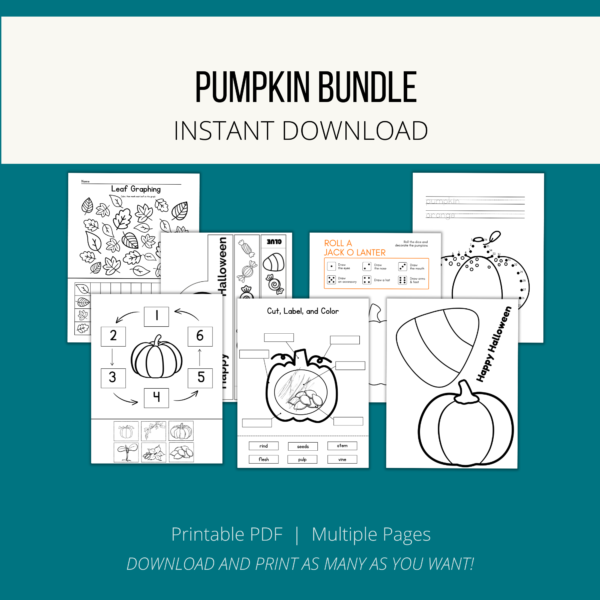 teal background, white stripe PUMPKIN BUNDLE, Instant Download. Btm. Printable PDF, Multiple Pages, Download and Print. Shows Leaf Graphing, halloween crown, roll a jack o lantern, dot to dot, pumpkin life cycle, pumpkin parts, tear and cut craft