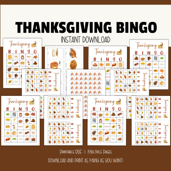 brown background, cream stripe, thanksgiving bingo, Instant Download, btm. Printable PDF, Multiple Pages, Download and Print as Many as you want. shows images of bingo cards on full size sheets and half size sheet with foods and fall items