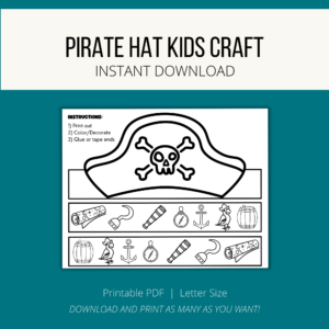 teal background, cream stripe, Pirate Hat Kids Craft, bottom Printable PDF, Letter Size, Download and Print as Many as you want. Shows image of paper with pirate hat and pirate things around the edge.