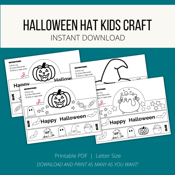 teal background, white stripe, Halloween Hat Kids Craft, Instant Download, btm. Printable PDF, Letter Size, Download and Print as Many as You want. Shows 4 pages of halloween hats, two with jack o lanterns, one with bubbling caludron, witch hat