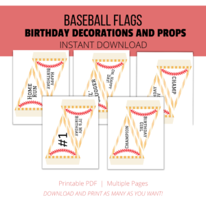 white background, red stripe Baseball Flags, Birthday Decorations and Props, Instant Download,Printable PDF, Multiple Pages, Download & Print. Shows images of 2 on letter size page #1, Birthday, Champ, Slugger, Home Run with yellow stripes & laces