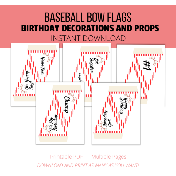 white background, red stripe Baseball Bow Flags, Birthday Decorations and Props, Instant Download, Printable PDF, Multiple Pages, Download and Print as Many as you want, shows the 5 pages of birthday baseball bow with red and white stripes, birthday