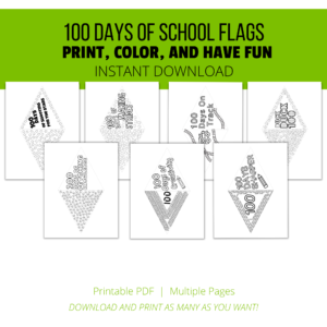 white background, green stripe 100 days of school flags, print, color, and have fun, instant download, bottom printable pdf, multiple pages, download and print as many as you want. Shows dog paws, crayons, pencils, trains, duck feet, horseshoes, stars