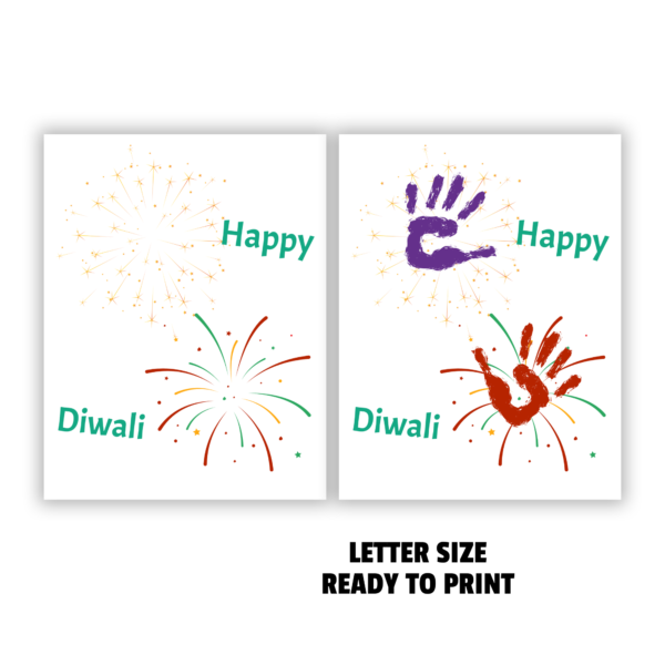 white background, Letter Size, Ready to Print, shows one done and one ready to go, Happy Diwali with fireworks and shows the handprints in the middle