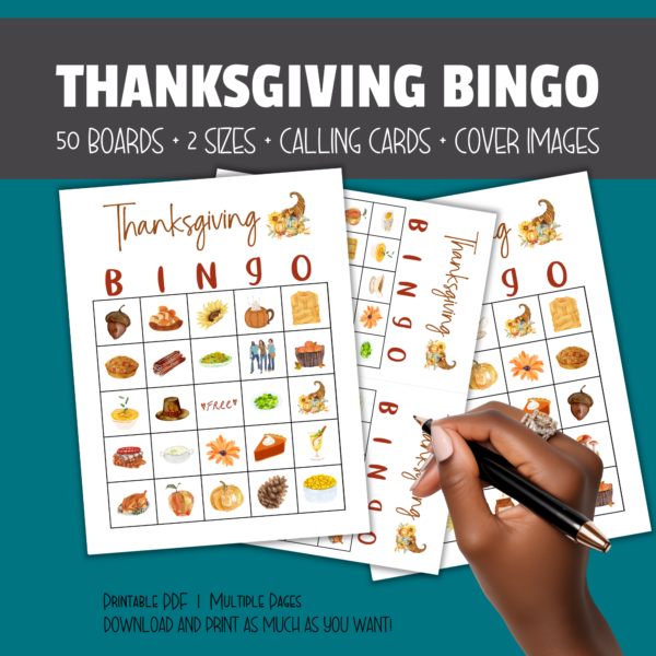 teal background, black stripe, Thanksgiving Bingo, 50 boards, 2 sizes, calling cards, cover images, printable pdf, multiple pages, download and print for you. Shows hand ready to play to cross off items on the modern watercolor bingo boards