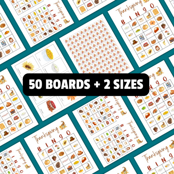 teal background, bingo cards on letter size and half size pages being shown cover images and calling cards for family thanksgiving says 50 boards and 2 sizes.