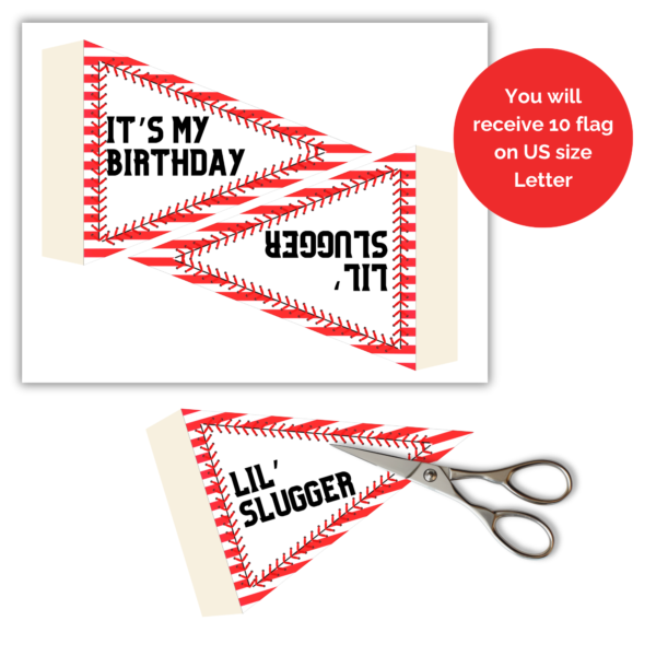 white background, shows Lil' Slugger with scissors on top with red and white stripe and laces stitching it together, says you will receive 10 flags on US size Letter,with ITs my birthday too