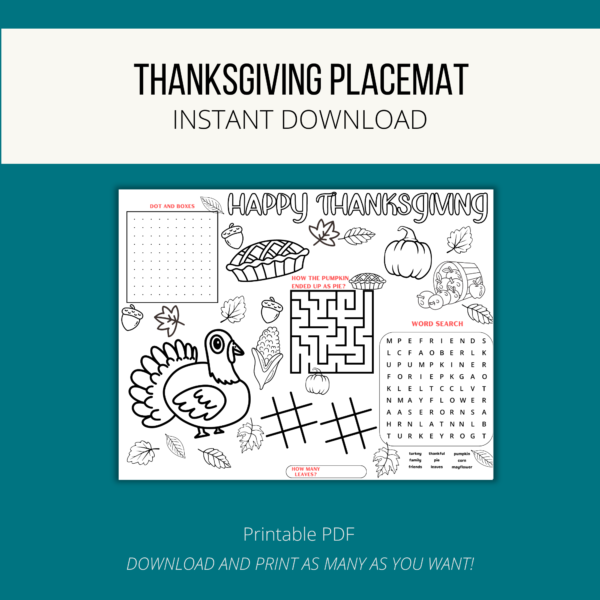 teal background, cream stripe, Thanksgiving Placemat, Instant Download, Printable PDF, Download and Print as Many as You Want. Shows page with dot and boxes, maze, word search, tic tac toe, and coloring for your thanksgiving table