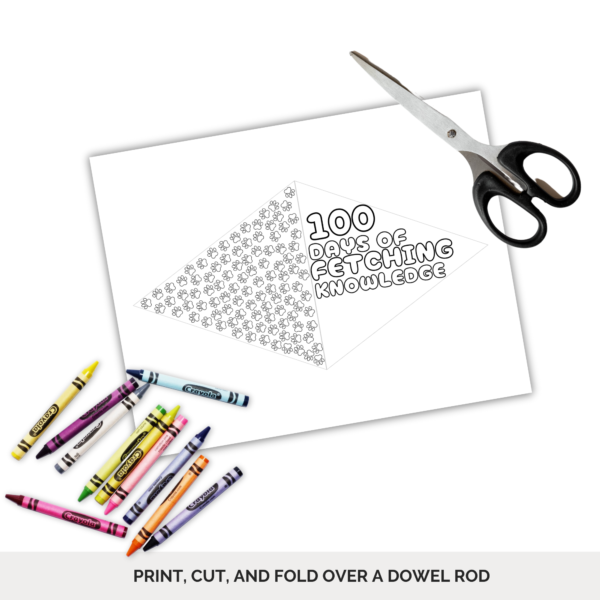 white background, grey stripe print, cut, and fold over a dowel rod, shows crayons, and scissors for cutting out flag. Shows imageof dog paws prints all over