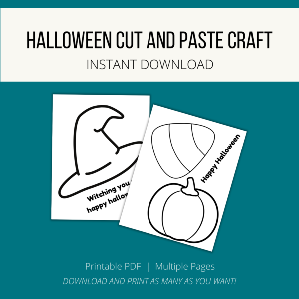 teal background, white stripe, halloween cut and paste craft, instant download, btm. Printable PDF, Multiple Pages, Download and Print as Many as you want. Shows images of witch hat saying witching you a happy halloween, and a pumpkin and candy corn