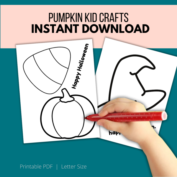 teal background, peach stripe Pumpkin Kid Crafts, Instant Download, Printable PDF, Letter Size. Shows hand ready to trace the object to place the paper in too.