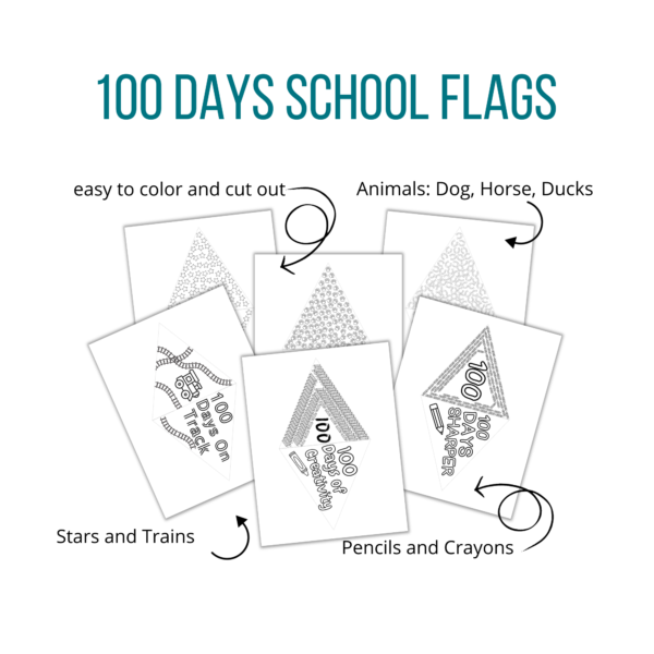 white background, 100 days school flags, easy to color and cut out, animals: dogs, horse, duck, pencil and crayons, and stars and trains.