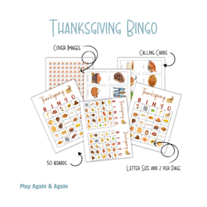 white background, thanksgiving bingo, play again and again, says cover images pointing to the pumpkins cover sheet, calling cards 8 per sheet, Letter Size and 2 Per Page with fall images on the bingo cards, 50 boards pointing to the paper