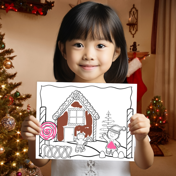 little girl holiday a piece of artwork colored gingerbread house with the gingerbread girl wearing a pink colored dress inside her Christmas tree decorated home