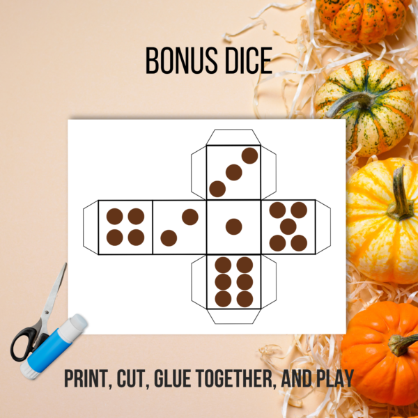 pumpkin background, bonus dice, print, cut, glue together, and play. Shows brown dice paper with scissors and glue stick