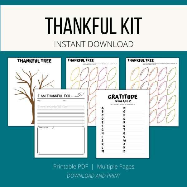 teal background, white stripe Thankful Kit, Instant Download, btm. Printable pdf, multiple pages, download and print. Printable thanksgiving tree, gratitude A to Z and thankful writing prompt for kindergartners