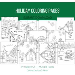 white background, green stripe Holiday Coloring Pages, Instant Download, btm. Printable PDF, Multiple Pages, Download and Print. Shows images of ms. clause and elves at the North Pole, gingerbread man and girl instead a gingerbread house, snowman