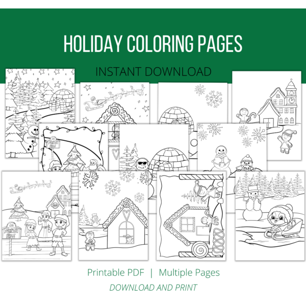 white background, green stripe Holiday Coloring Pages, Instant Download, btm. Printable PDF, Multiple Pages, Download and Print. Shows images of ms. clause and elves at the North Pole, gingerbread man and girl instead a gingerbread house, snowman