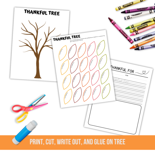 white background, crayons, glue stick, and scissors. Says Print, Cut, Write Out, and Glue on Tree, shows the thankful tree, writing prompt page for thankful for and drawing page image