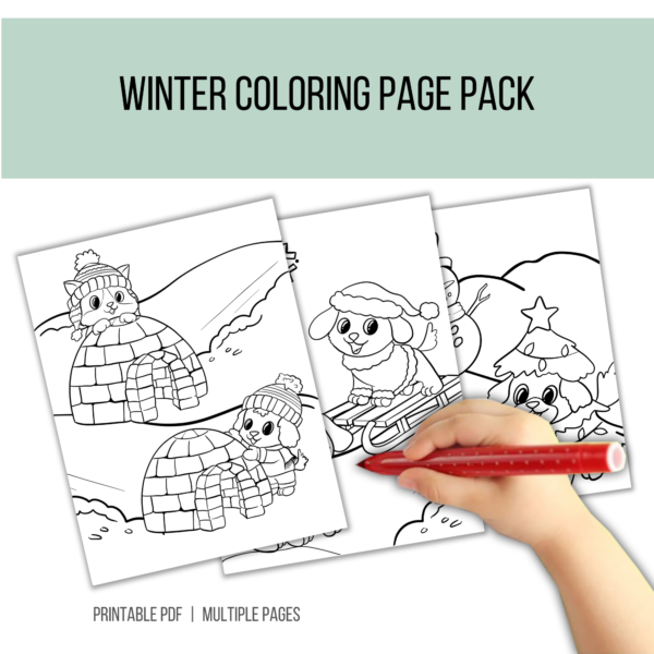 white background, light green stripe Winter Coloring Page Pack, btm Printable PDF, Multiple Pages, shows hand with red marker ready to color the sled and igloos that the cat and dogs are building and sledding down the hill.