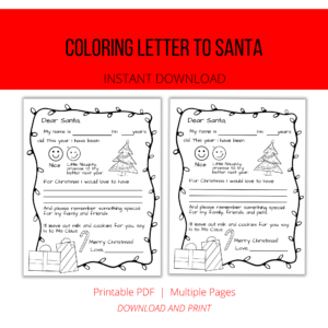 white background, red stripe Coloring Letter to Santa, Instant Download, btm. Printable PDF, Multiple Pages, Download and Print, shows a letter to santa with two versions to color tree and presents, color naughty or nice.