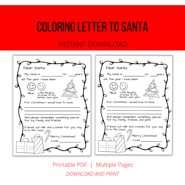 white background, red stripe Coloring Letter to Santa, Instant Download, btm. Printable PDF, Multiple Pages, Download and Print, shows a letter to santa with two versions to color tree and presents, color naughty or nice.