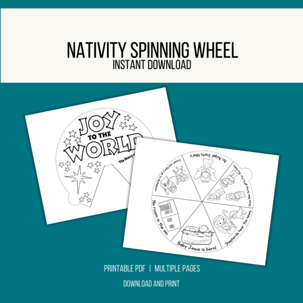 teal background, white stripe, Nativity Spinning Wheel, Instant Download, Btm. Printable PDF, Multiple Pages, Download and Print. shows 6 parts of the circle wheel craft with an angel, traveling, no room, Jesus is born, shepherds and 3 kings