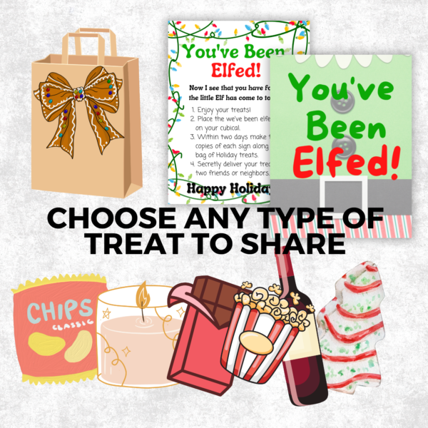 Marble background, Choose Any Type of Treat to Share shows ideas from chips, candles, chocolate, popcorn, wine, cake, shows a gift bow on a bag, shows You Been Elfed with elf background and you been elf with instructions.